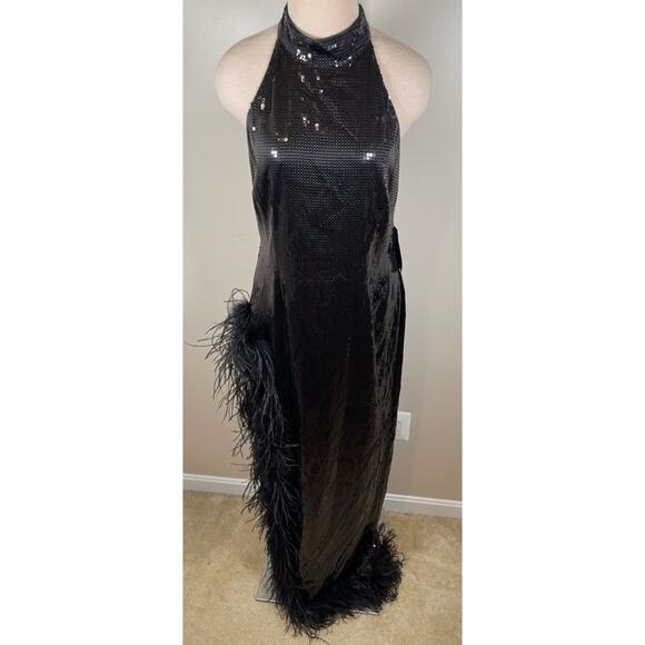 Retrofete Vixen Sequin Feather Hem High Slit Halterneck Maxi Dress Size Large - Picture 5 of 12